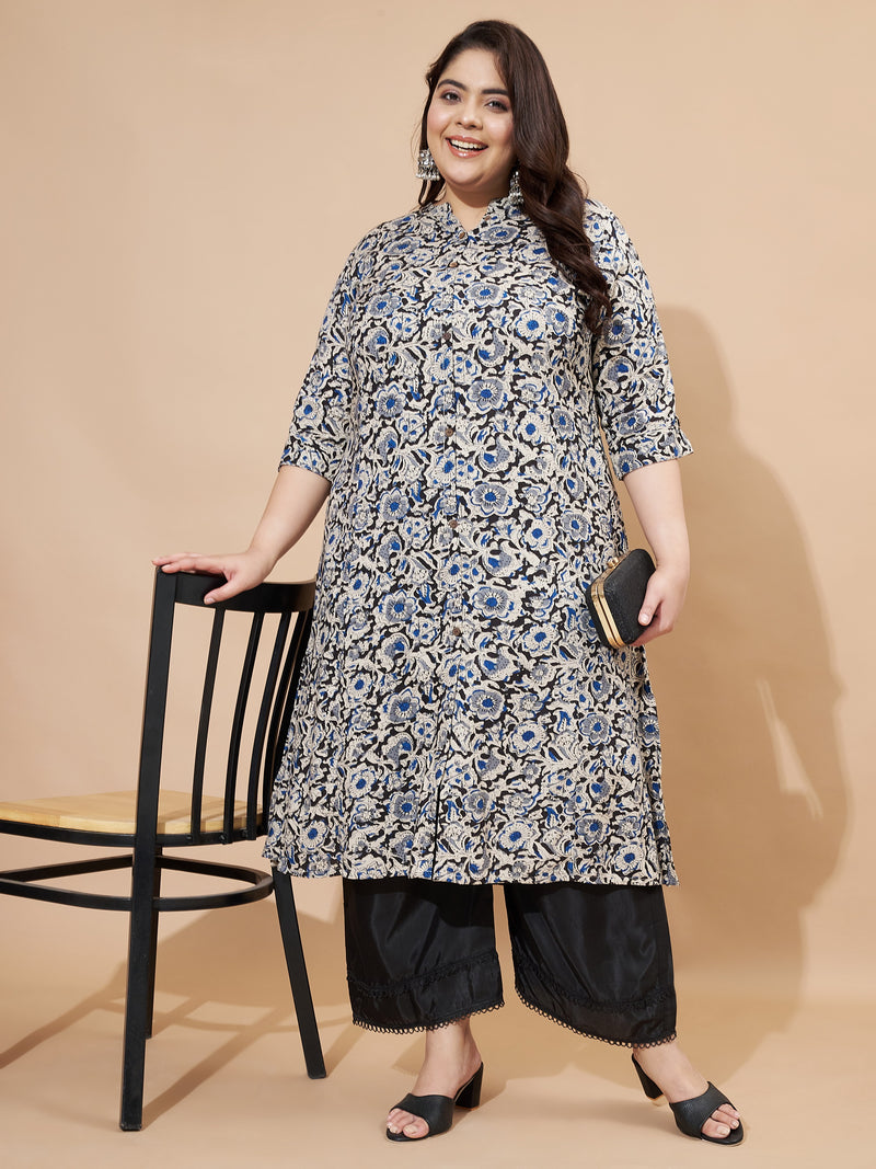 Blue Kalamkari Printed A-Line Cotton Stitched Kurta