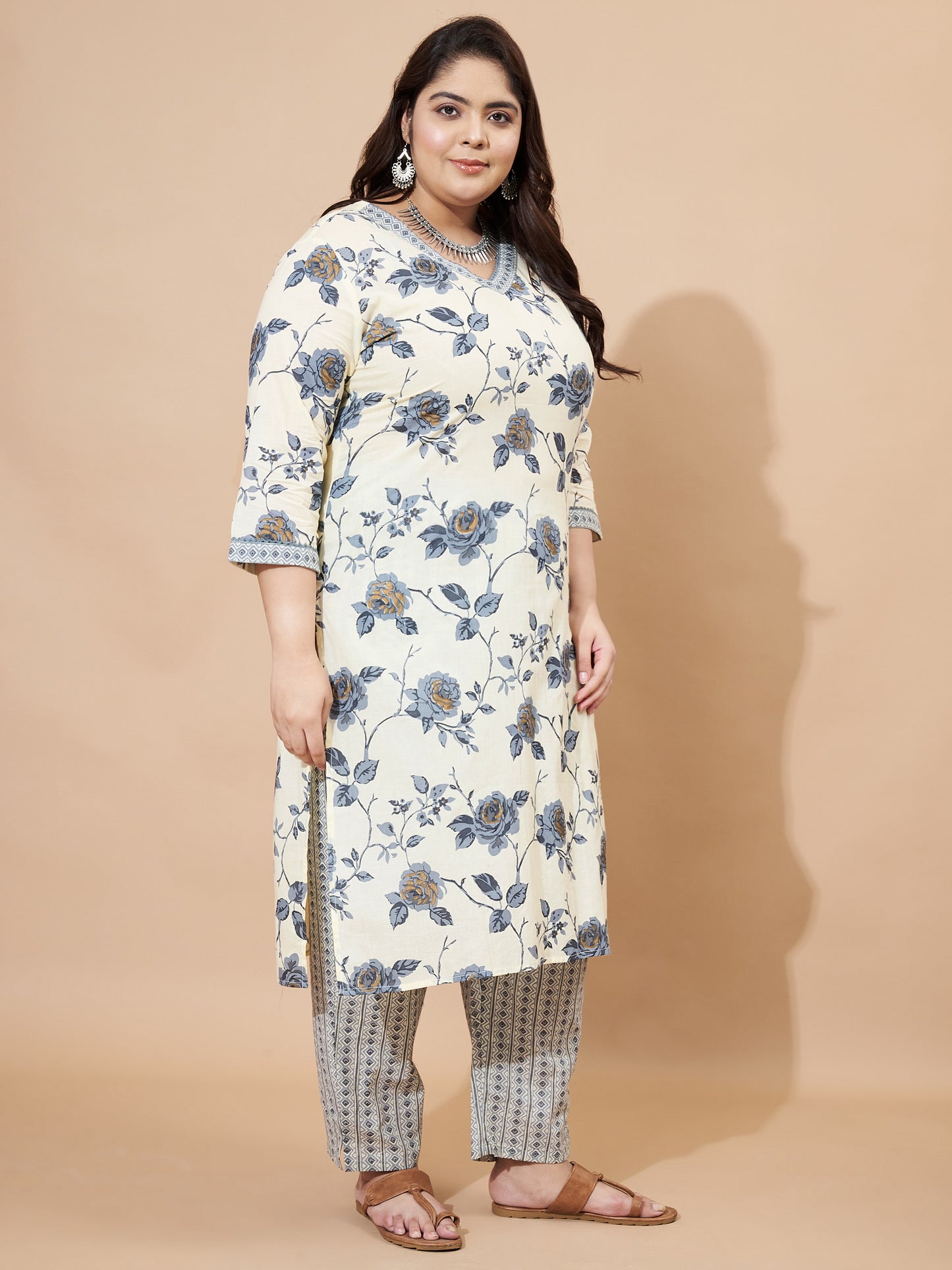 Grey Printed Straight Cotton Stitched Kurta Set