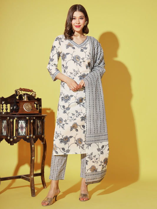 Grey Printed Cotton Straight Kurta Set