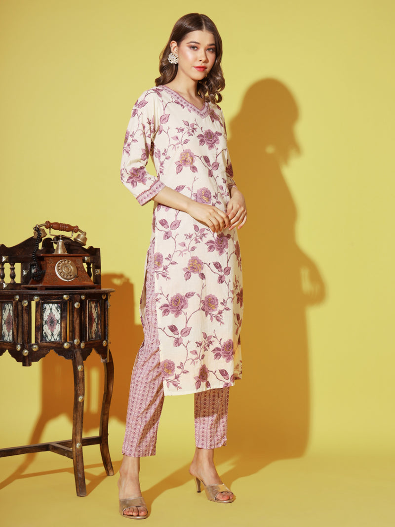 Purple Printed Straight Cotton Kurta Set