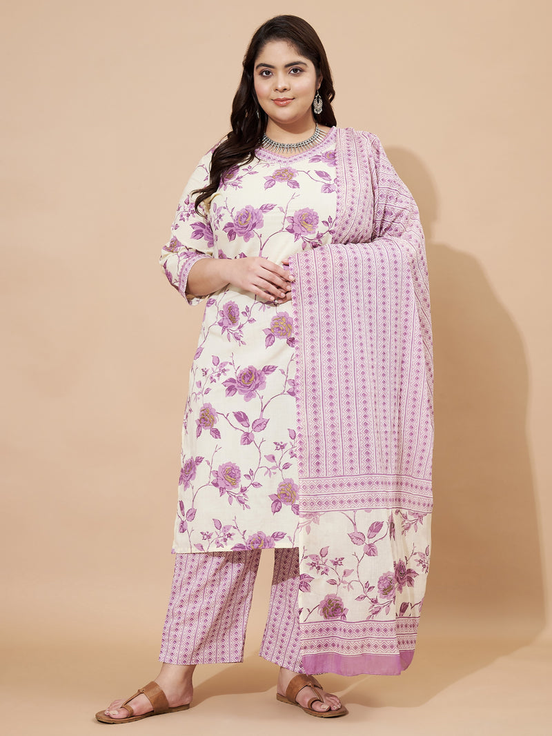 Purple Printed Straight Cotton Stitched Kurta Set