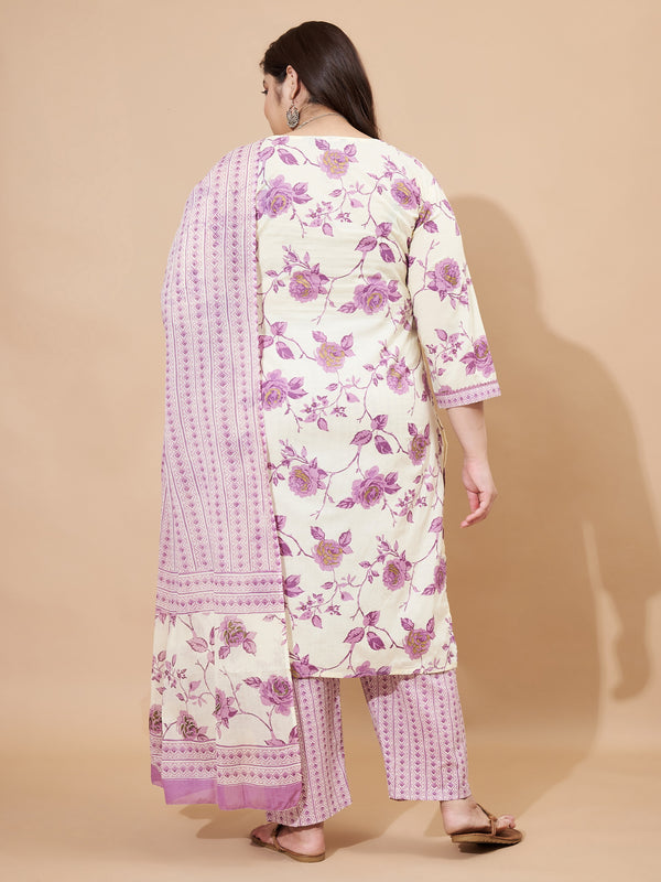 Purple Printed Straight Cotton Stitched Kurta Set