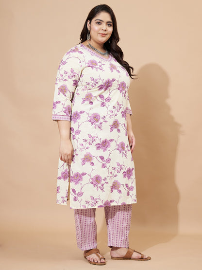 Purple Printed Straight Cotton Stitched Kurta Set