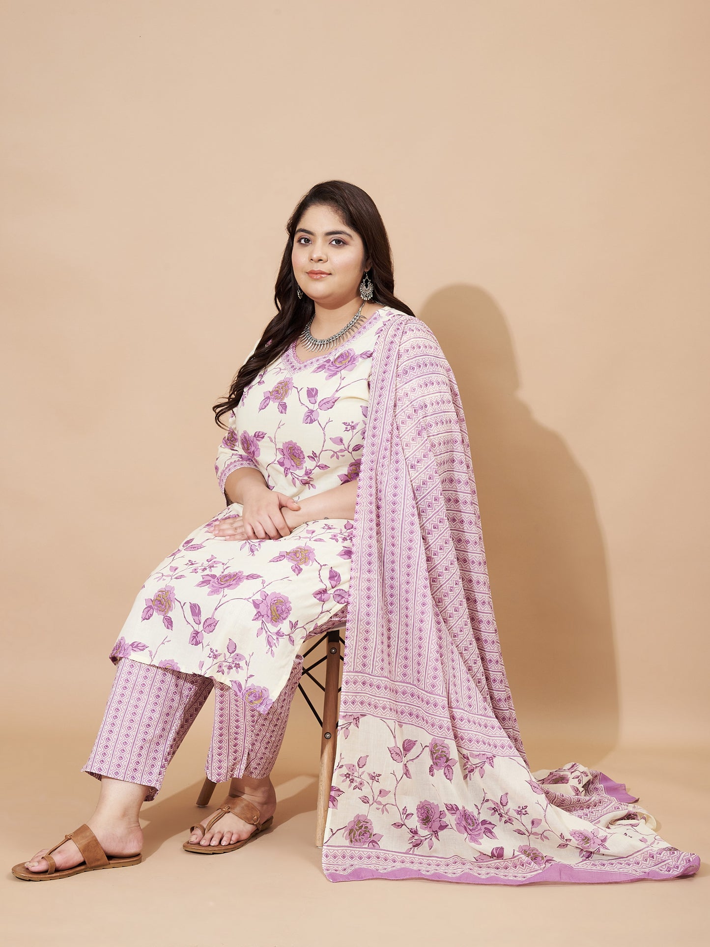 Purple Printed Straight Cotton Stitched Kurta Set