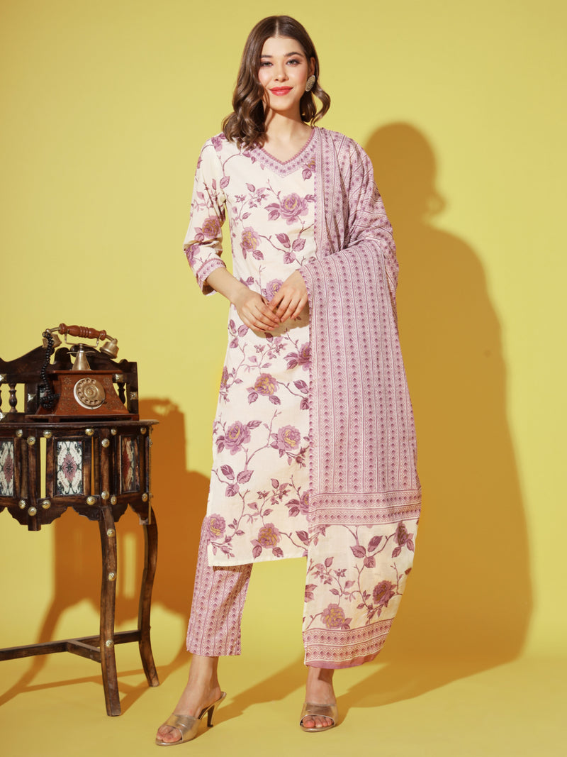 Purple Printed Straight Cotton Kurta Set