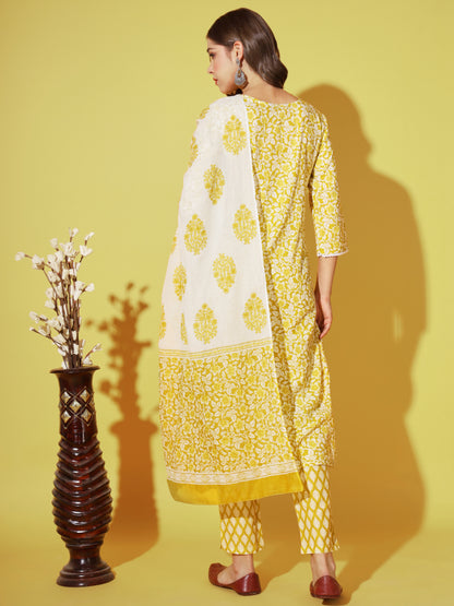 Yellow Printed Straight Cotton Kurta Set