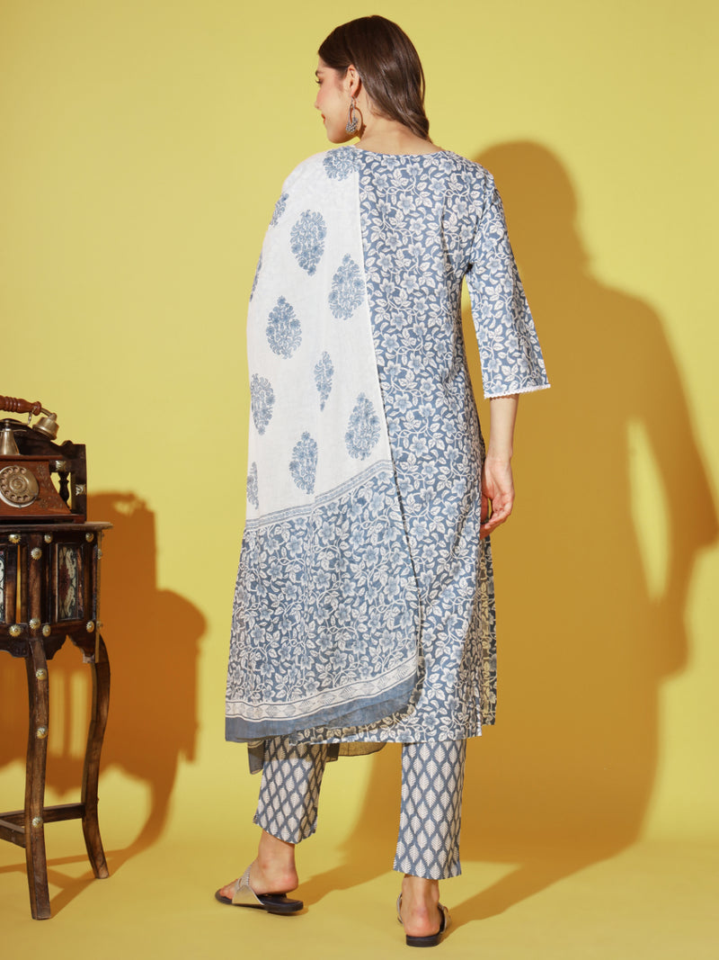 Blue Printed Straight Cotton Kurta Set