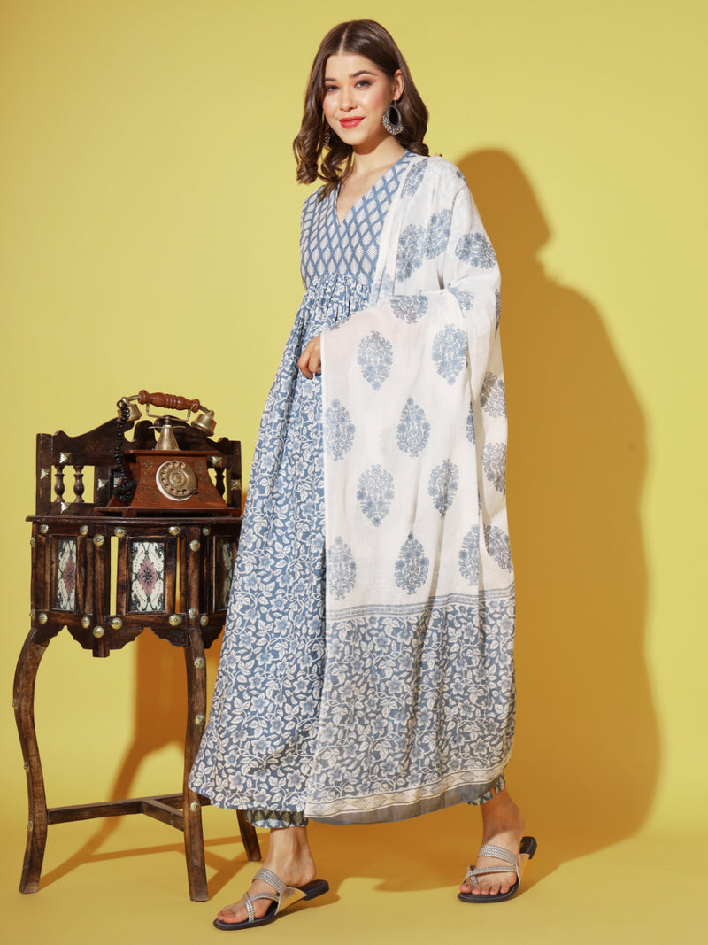 Grey Printed Anarkali Cotton Kurta Set