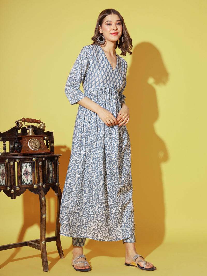 Grey Printed Anarkali Cotton Kurta Set