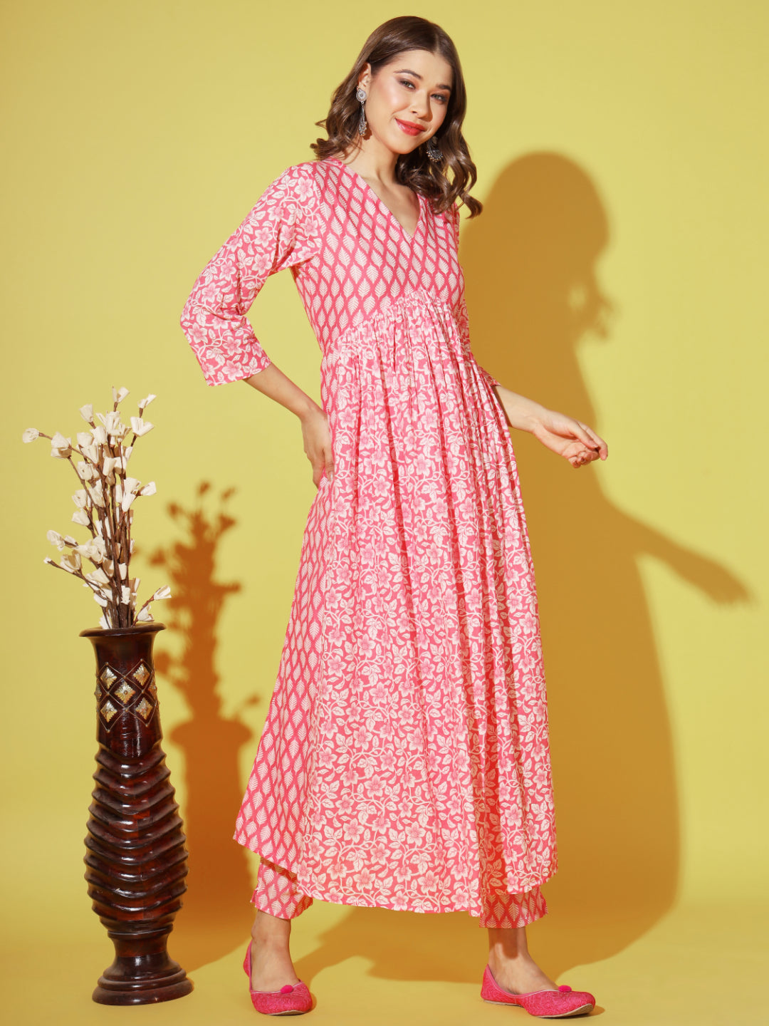 Pink Printed Anarkali Cotton Kurta Set