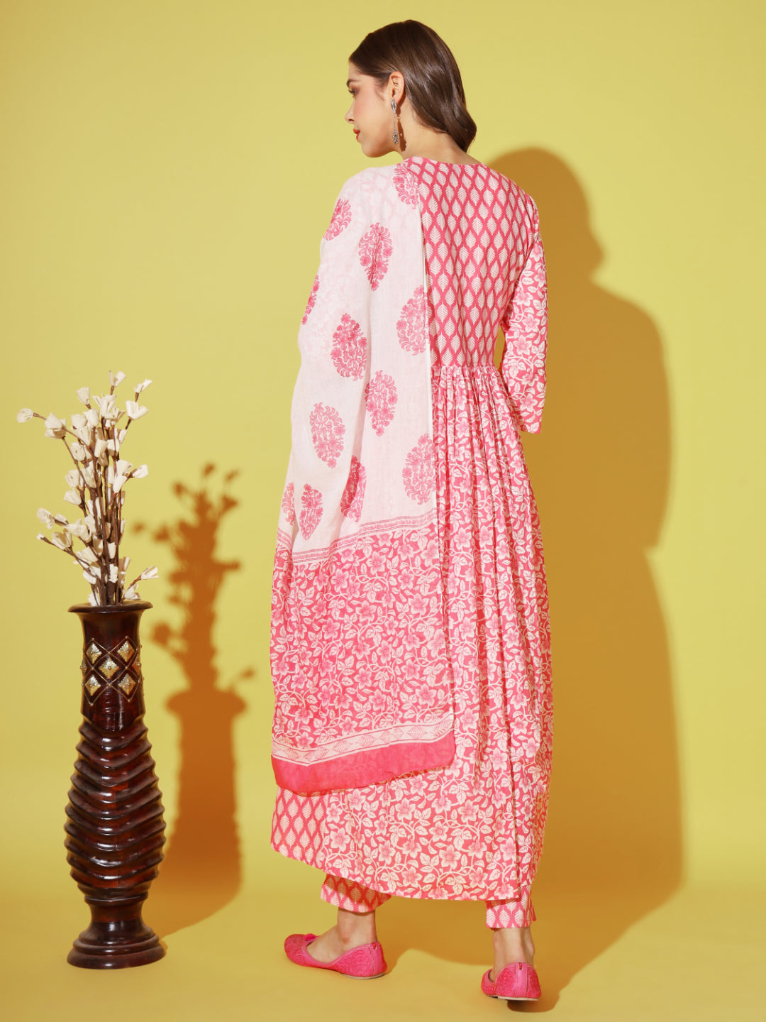 Pink Printed Anarkali Cotton Kurta Set