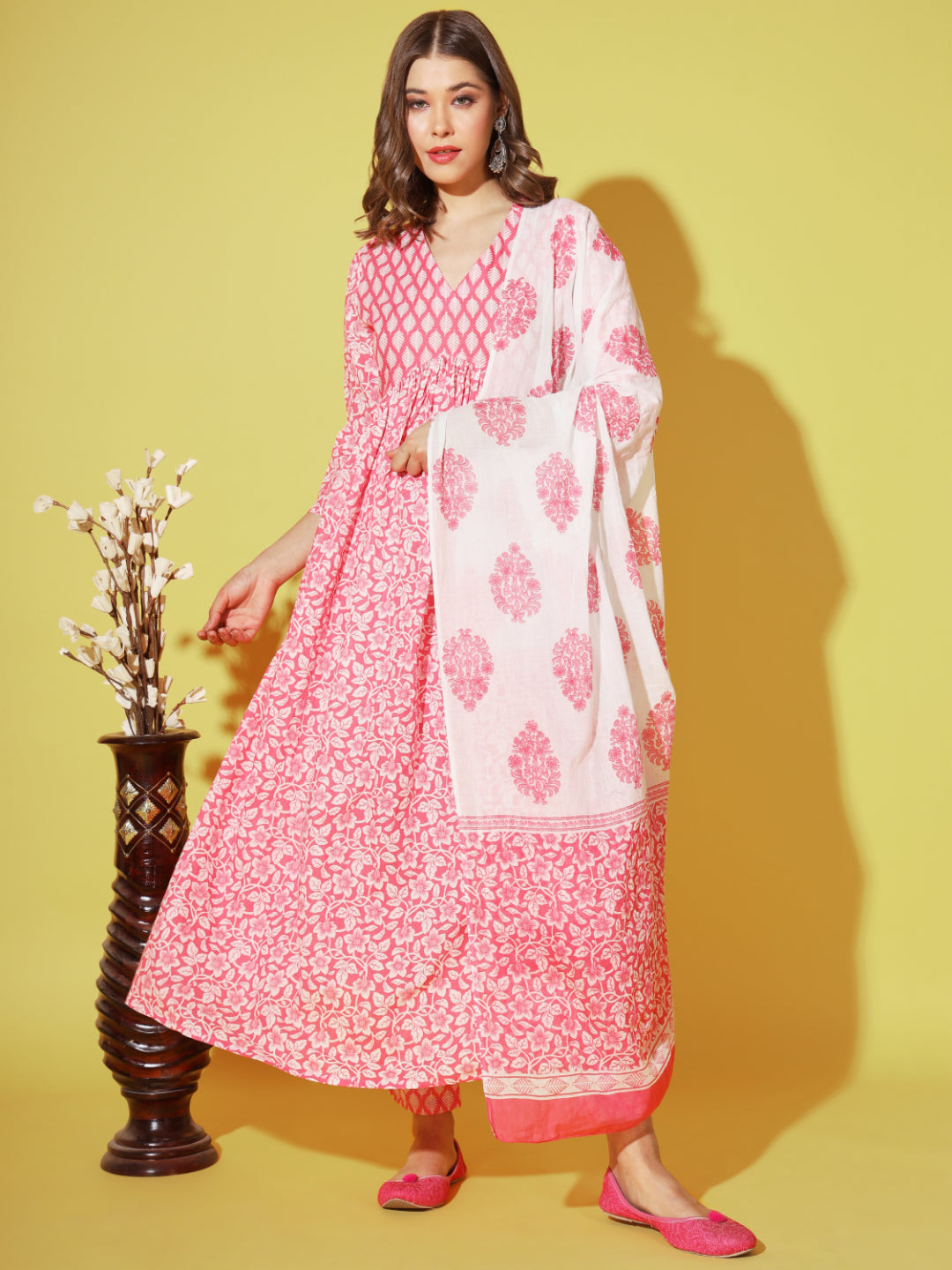 Pink Printed Anarkali Cotton Kurta Set