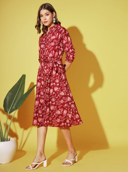 Maroon Printed A-Line Cotton Dress