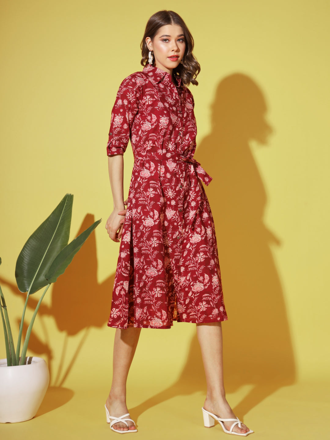 Maroon Printed A-Line Cotton Dress