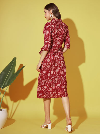 Maroon Printed A-Line Cotton Dress