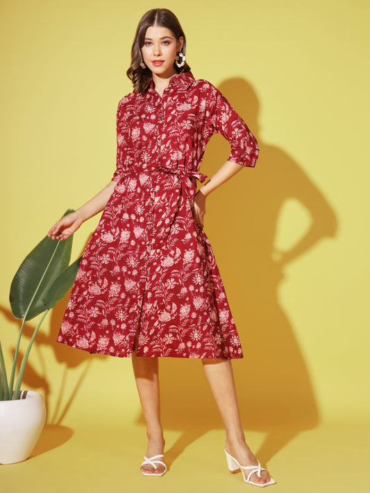 Maroon Printed A-Line Cotton Dress