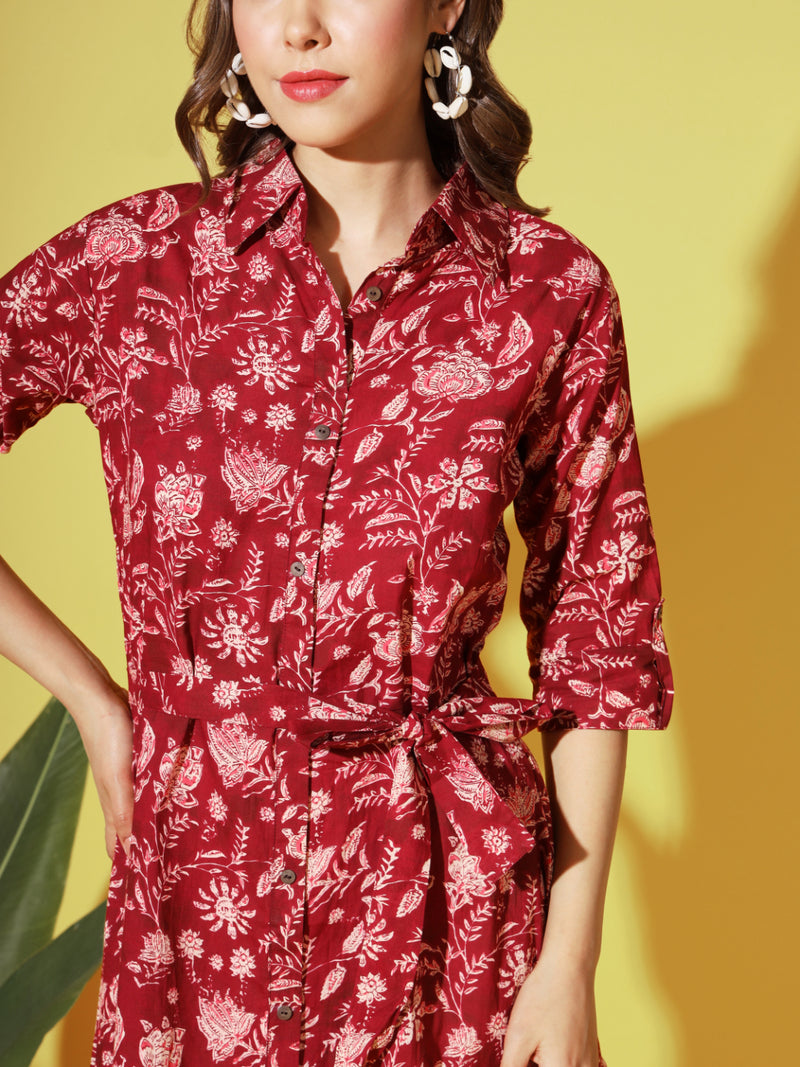 Maroon Printed A-Line Cotton Dress