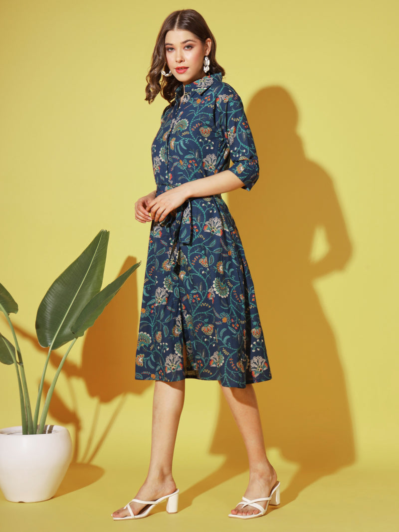 Blue Printed A-Line Cotton Dress