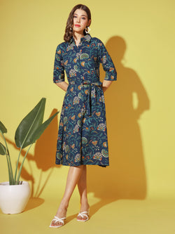 Blue Printed A-Line Cotton Dress