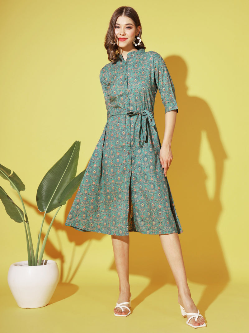 Green Printed A-Line Cotton Dress