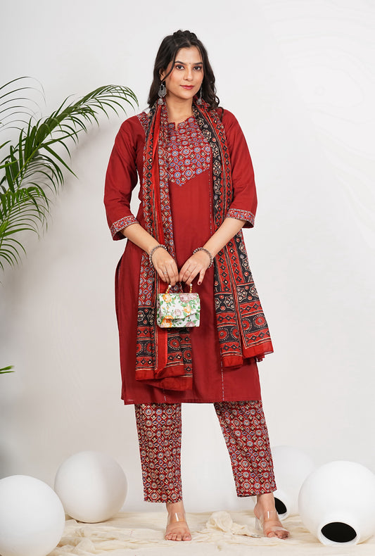 Maroon Cotton Floral Print Straight Kurta Set