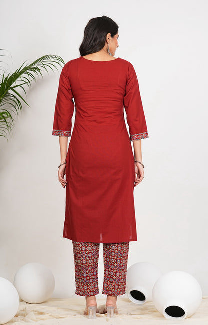 Maroon Cotton Floral Print Straight Kurta Set