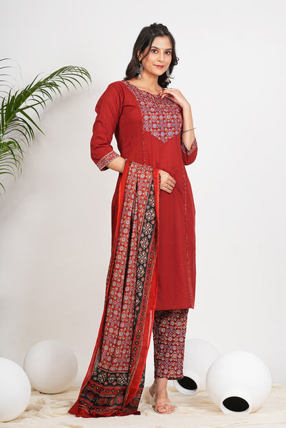 Maroon Cotton Floral Print Straight Kurta Set