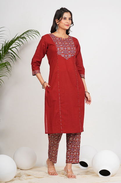 Maroon Cotton Floral Print Straight Kurta Set