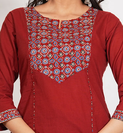 Maroon Cotton Floral Print Straight Kurta Set