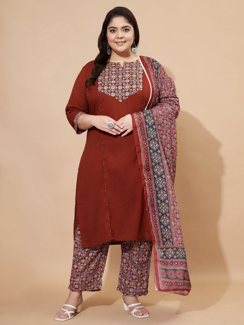 Maroon Floral Print Cotton Stitched Kurta Set