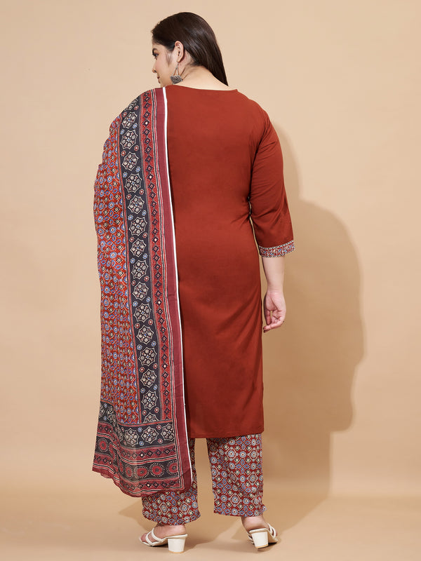 Maroon Floral Print Cotton Stitched Kurta Set