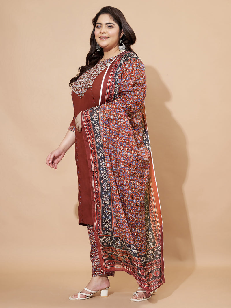 Maroon Floral Print Cotton Stitched Kurta Set