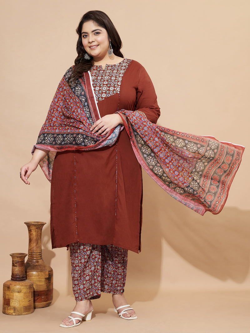 Maroon Floral Print Cotton Stitched Kurta Set