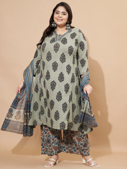 Grey Printed A-Line Cotton Stitched Kurta Set