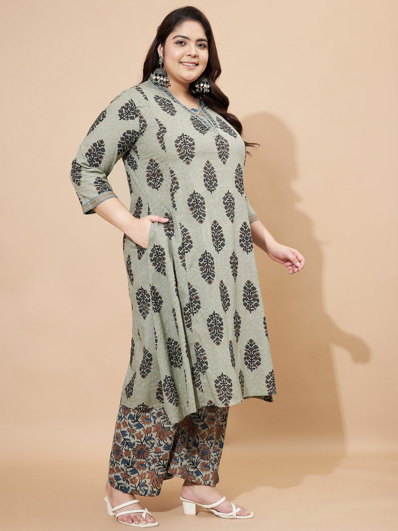 Grey Printed A-Line Cotton Stitched Kurta Set