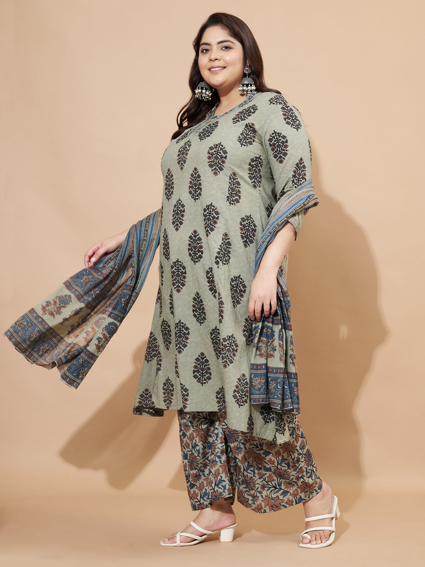 Grey Printed A-Line Cotton Stitched Kurta Set