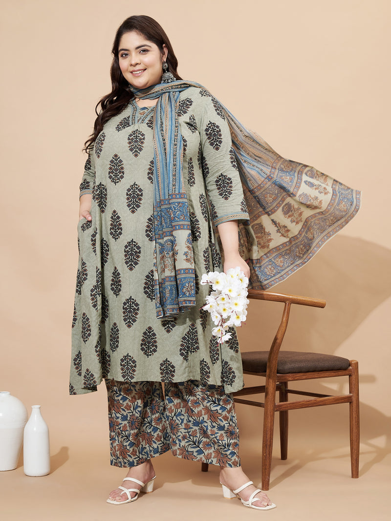 Grey Printed A-Line Cotton Stitched Kurta Set