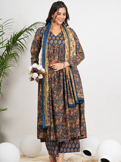 Aqua Blue Kalamkari Print Alia Cut Cotton Kurta set