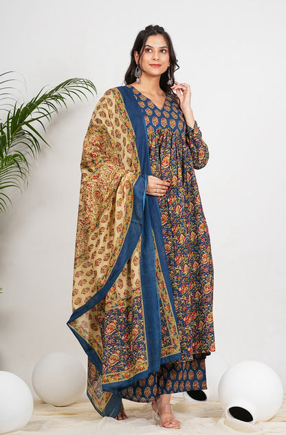 Aqua Blue Kalamkari Print Alia Cut Cotton Kurta set