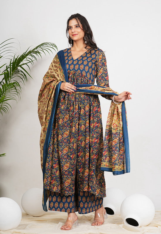 Aqua Blue Kalamkari Print Alia Cut Cotton Kurta set