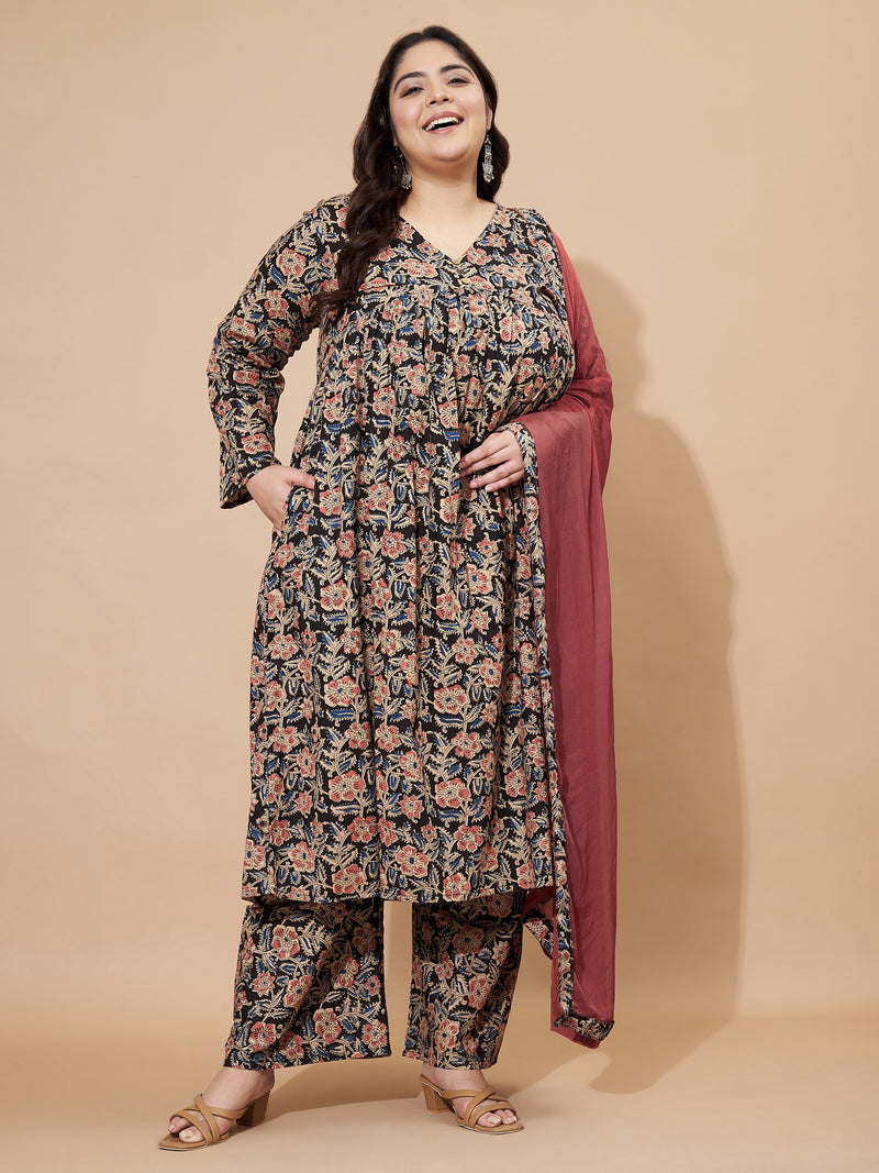 Black Kalamkari Print Alia Cut Cotton Stitched Kurta Set