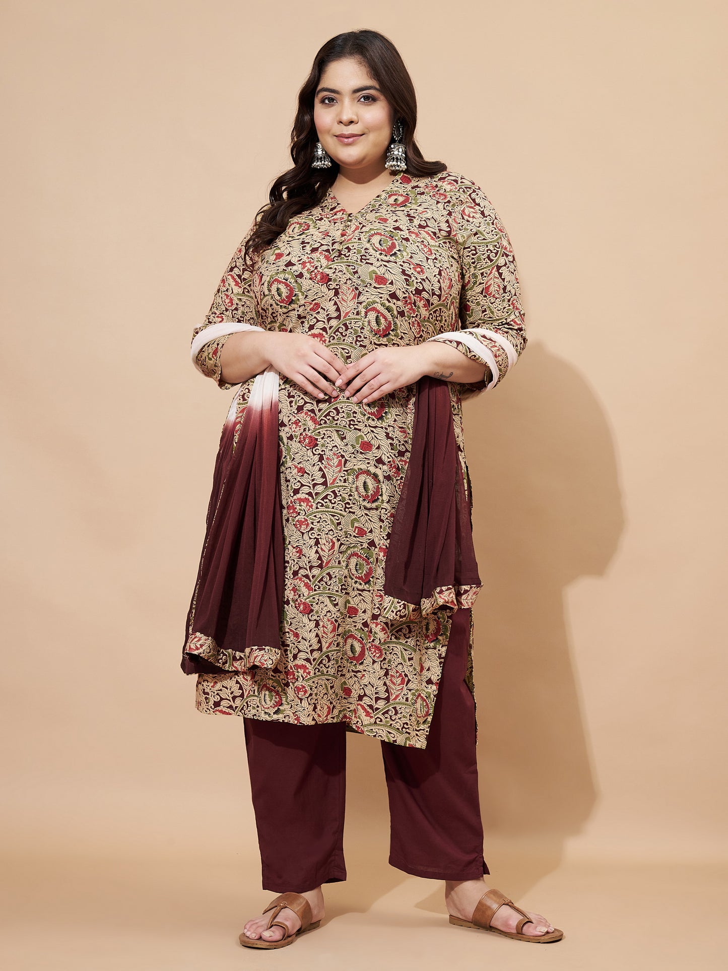 Maroon Kalamkari Print Cotton Straight Stitched Kurta Set