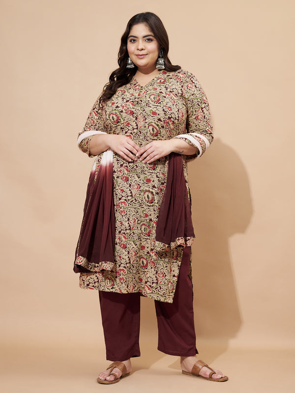 Maroon Kalamkari Print Cotton Straight Stitched Kurta Set