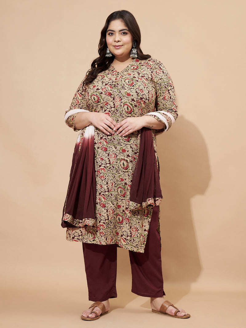 Maroon Kalamkari Print Cotton Straight Stitched Kurta Set