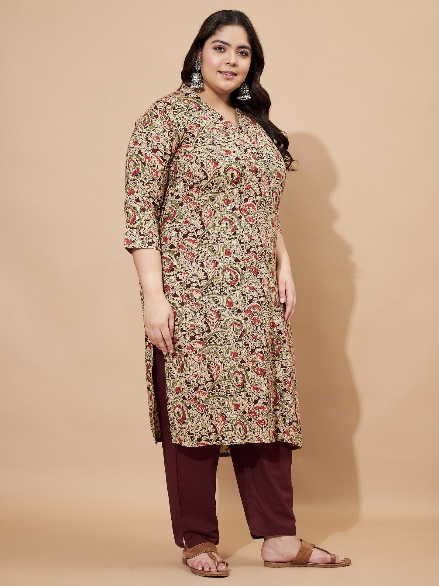 Maroon Kalamkari Print Cotton Straight Stitched Kurta Set