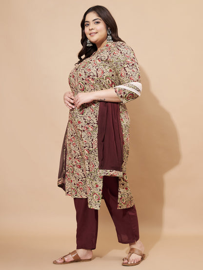 Maroon Kalamkari Print Cotton Straight Stitched Kurta Set