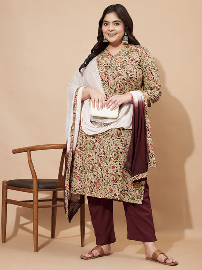 Maroon Kalamkari Print Cotton Straight Stitched Kurta Set