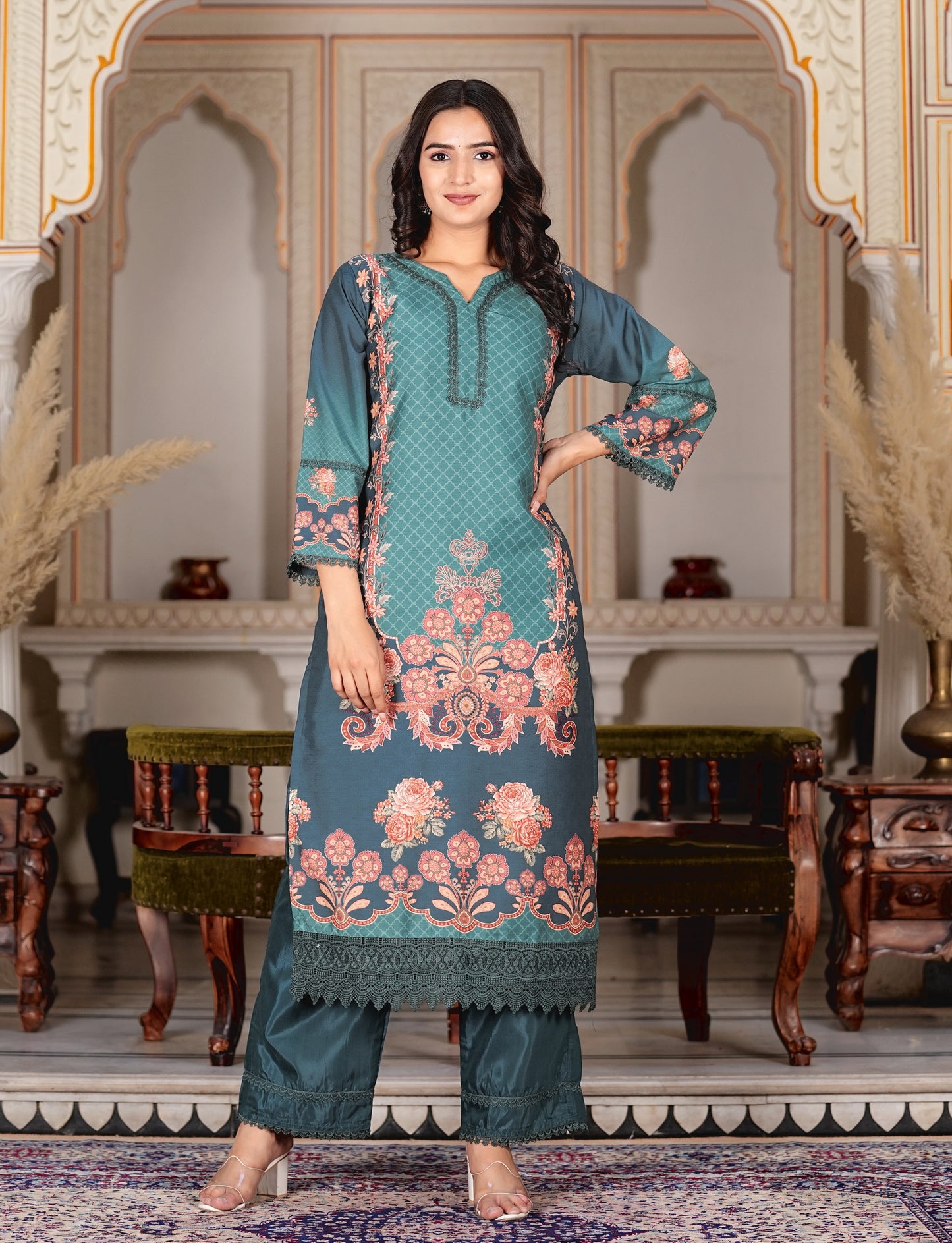 Aqua Muslin Pakistani Style Straight Kurta Set