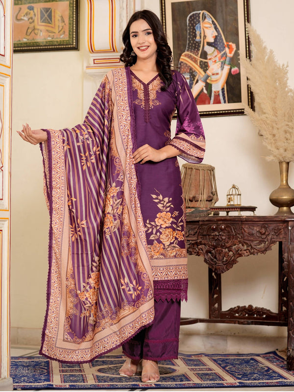Purple Muslin Pakistani Style Straight Kurta Set