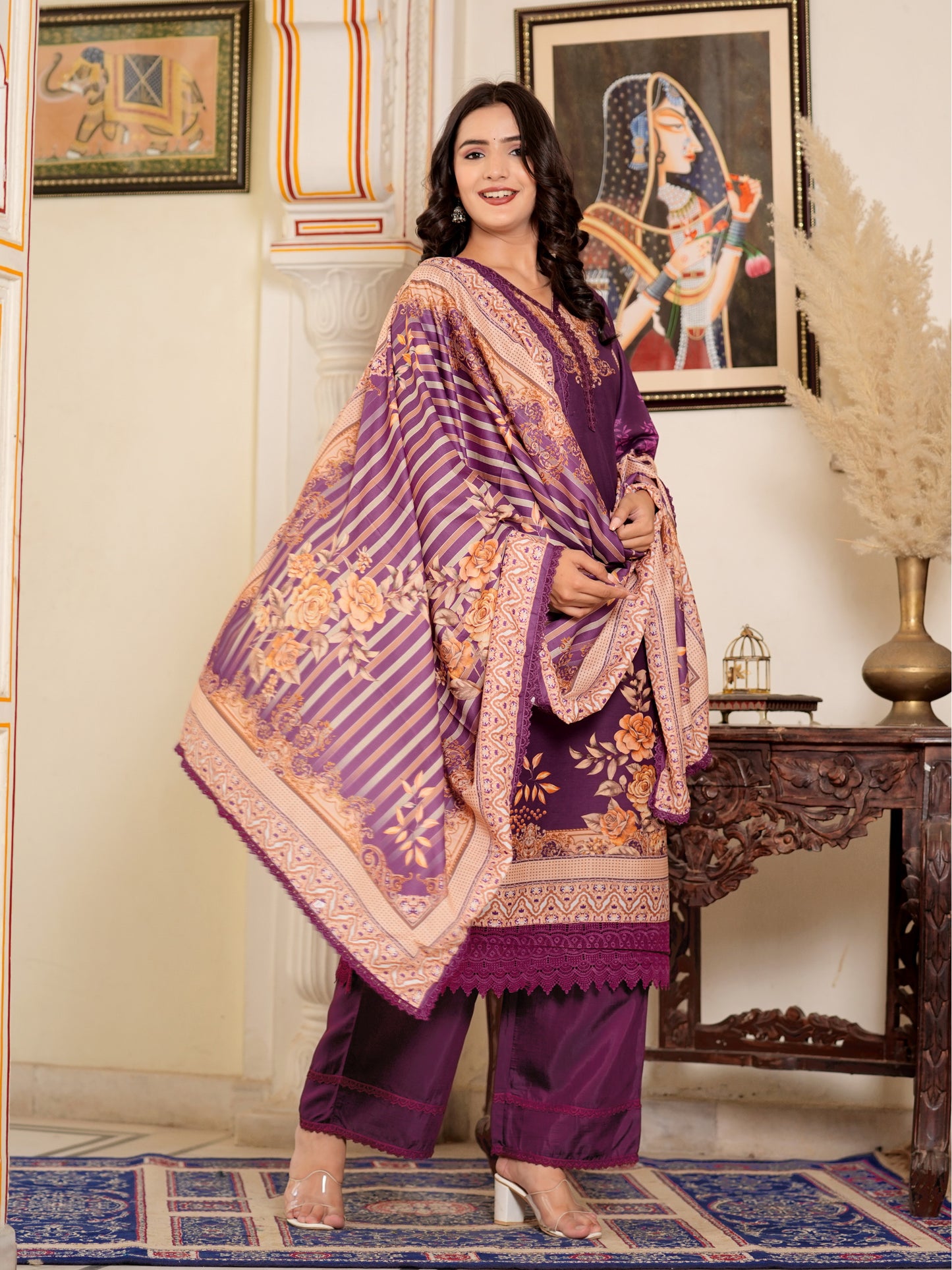 Purple Muslin Pakistani Style Straight Kurta Set